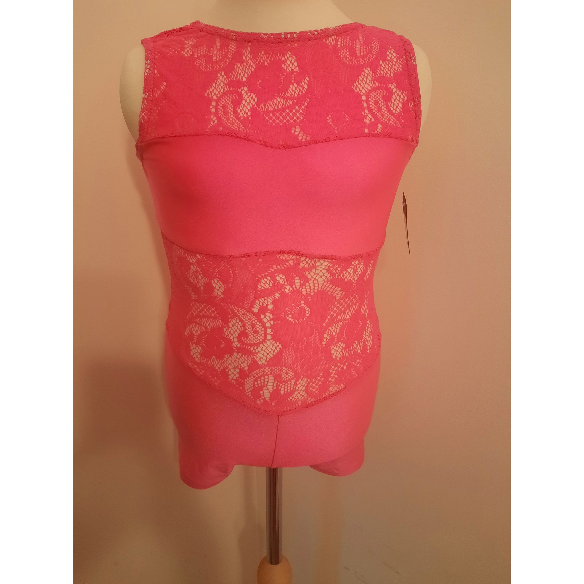 PRE-LOVED Neon Pink Lace Unitard Biketard - age 12-13