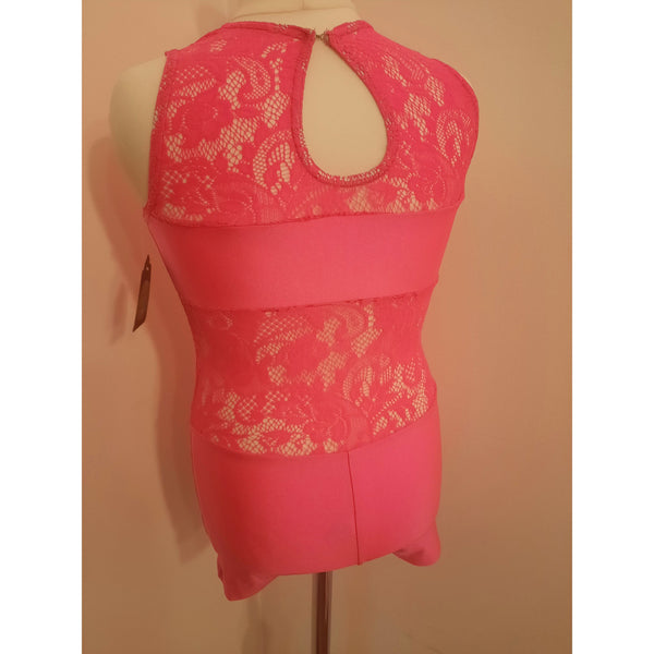 PRE-LOVED Neon Pink Lace Unitard Biketard - age 12-13