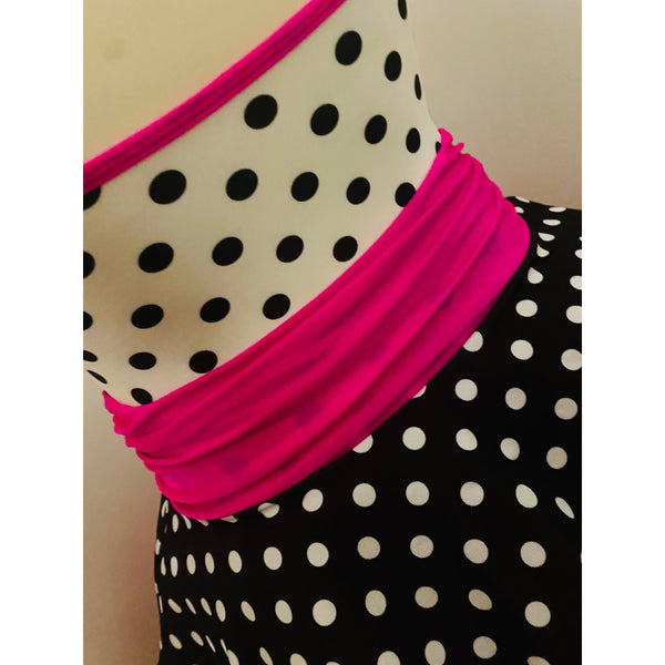 'CeCe' Pink, Black & White Polka Dot Halterneck Dance Dress