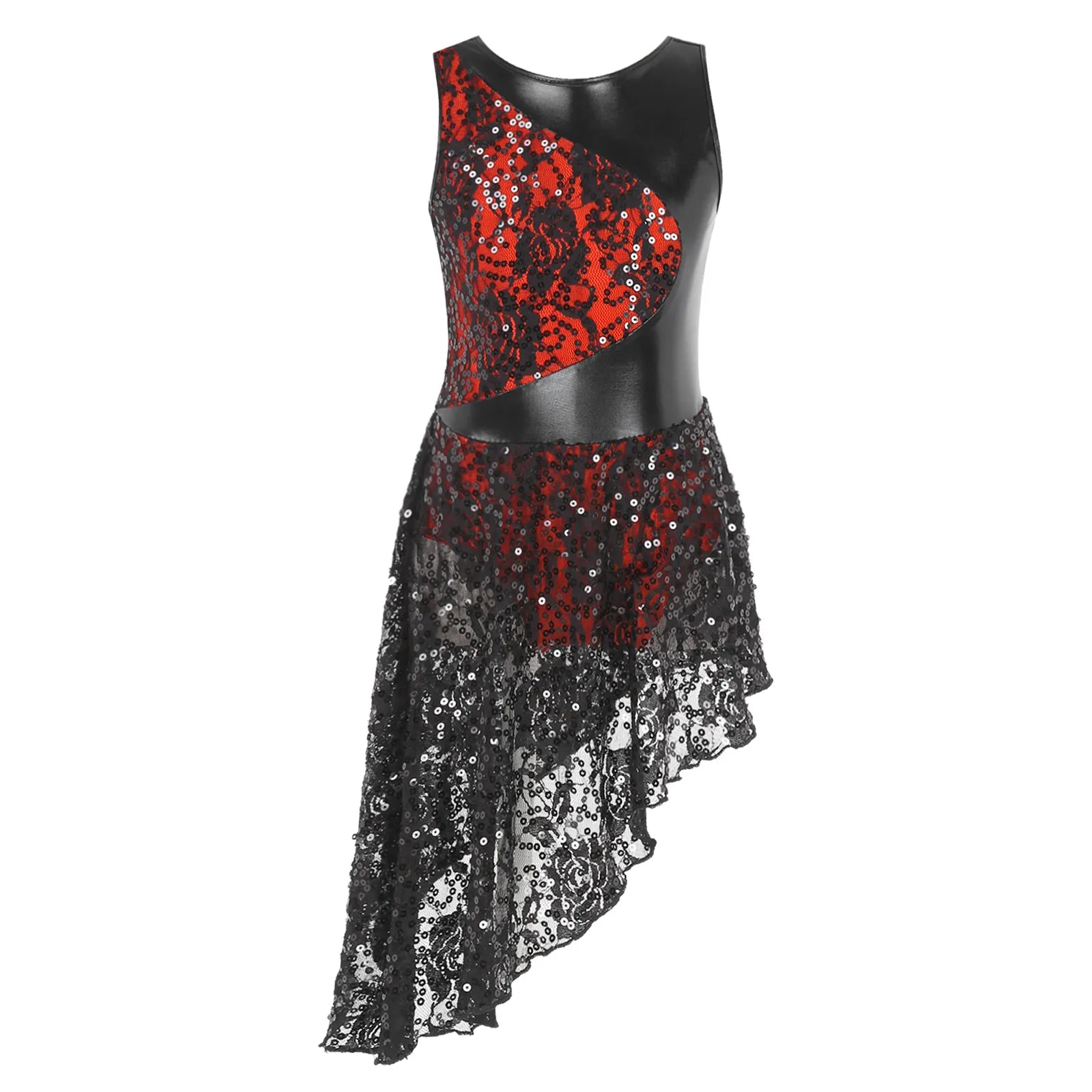 Red & Black Lace Asymmetric Dance Dress