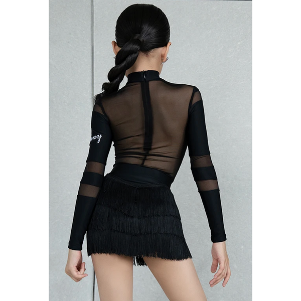 Venny Black Latin Dance Dress Mesh Top & Tassel Skirt