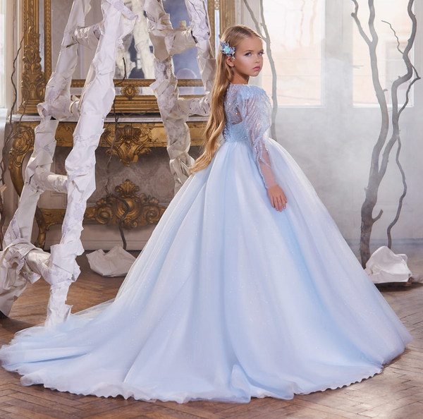 'Camilla' Floor Length Dress with Train - Baby Blue or Peach
