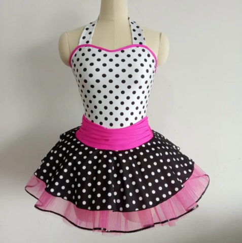 'CeCe' Pink, Black & White Polka Dot Halterneck Dance Dress