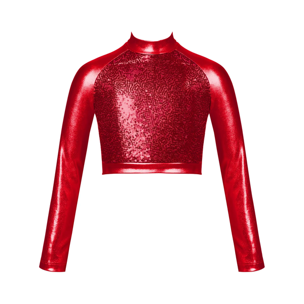 Red Long Sleeve Sequin Dance Crop Top