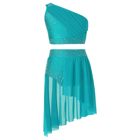 Aqua Crop Top & Skirted Shorts Rhinestoned Two-Piece Lyrical Set