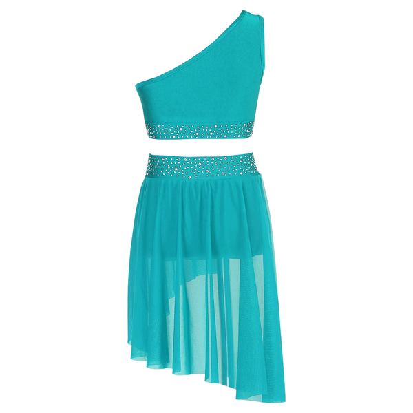 Aqua Crop Top & Skirted Shorts Rhinestoned Two-Piece Lyrical Set