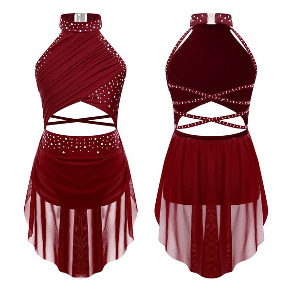 Burgundy Crossover Strap Rhinestone Lyrical Dress