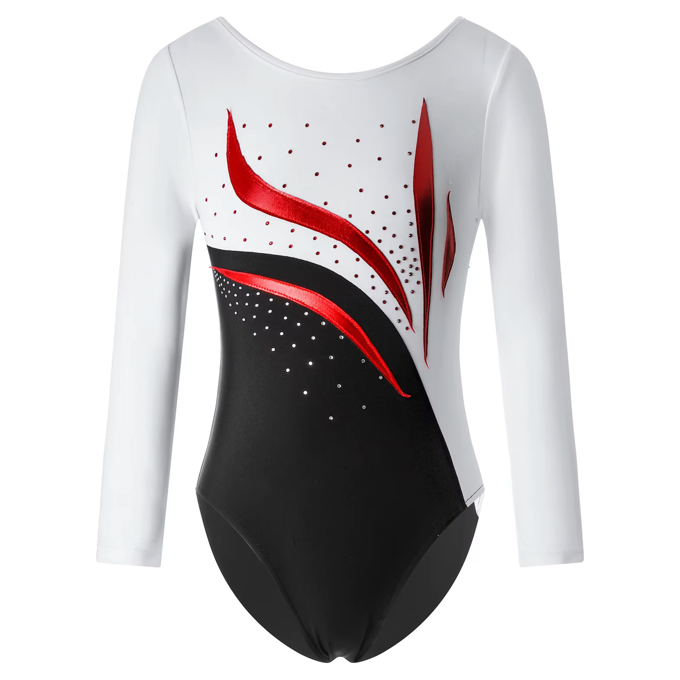 White, Red and Black Long-Sleeve Gymnastics Dance Leotard