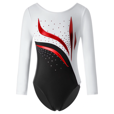 White, Red and Black Long-Sleeve Gymnastics Dance Leotard