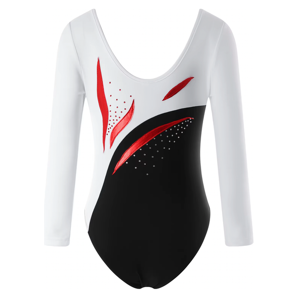 White, Red and Black Long-Sleeve Gymnastics Dance Leotard