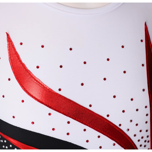 White, Red and Black Long-Sleeve Gymnastics Dance Leotard