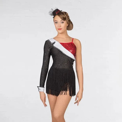 Asymmetric Pinstripe Sequin Fringe Leotard