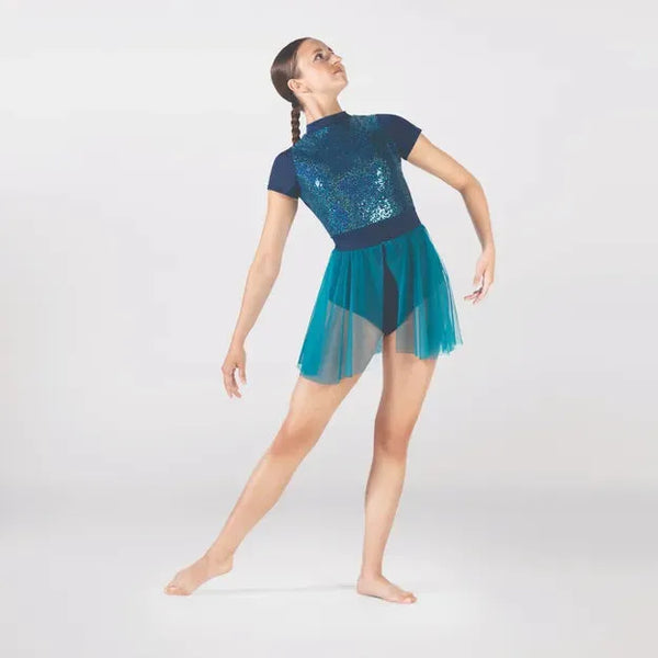 Teal Sequinned Cap Sleeved Leotard with Skirt