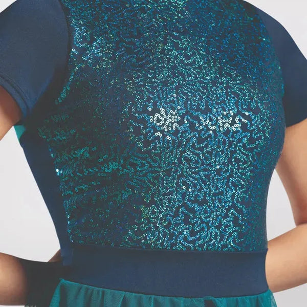 Teal Sequinned Cap Sleeved Leotard with Skirt