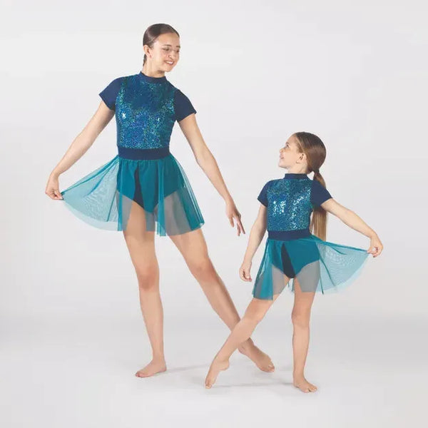 Teal Sequinned Cap Sleeved Leotard with Skirt