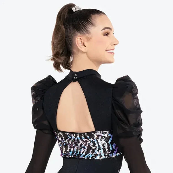 'No Question About It' Black & Silver Sequin Puff Sleeve Jazz Biketard