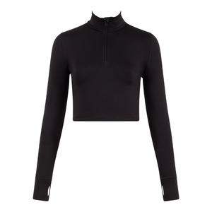 Branded Long Sleeve Black Zip Crop Top