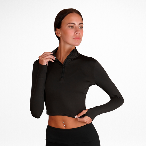 Branded Long Sleeve Black Zip Crop Top