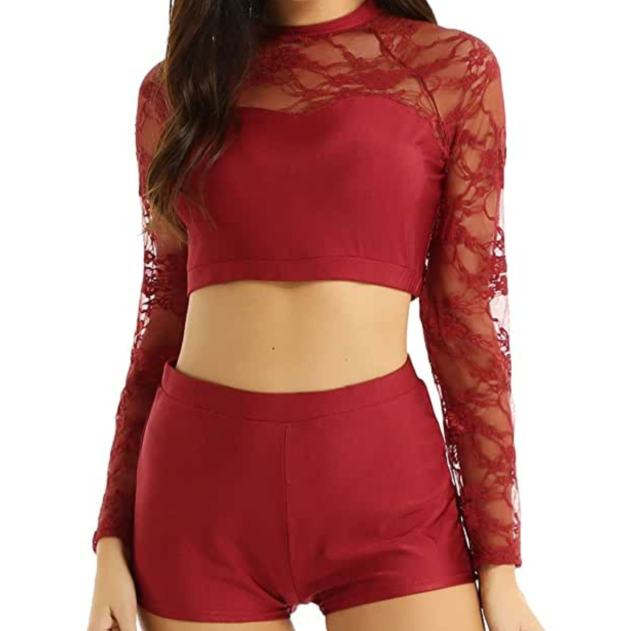Long Sleeved Lace Crop Top & Shorts Set